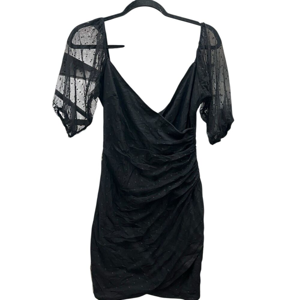 ASOS Design Size 4 Mini Dress Black Polka Dot Ruched Puff Sleeve Mesh V-Neck